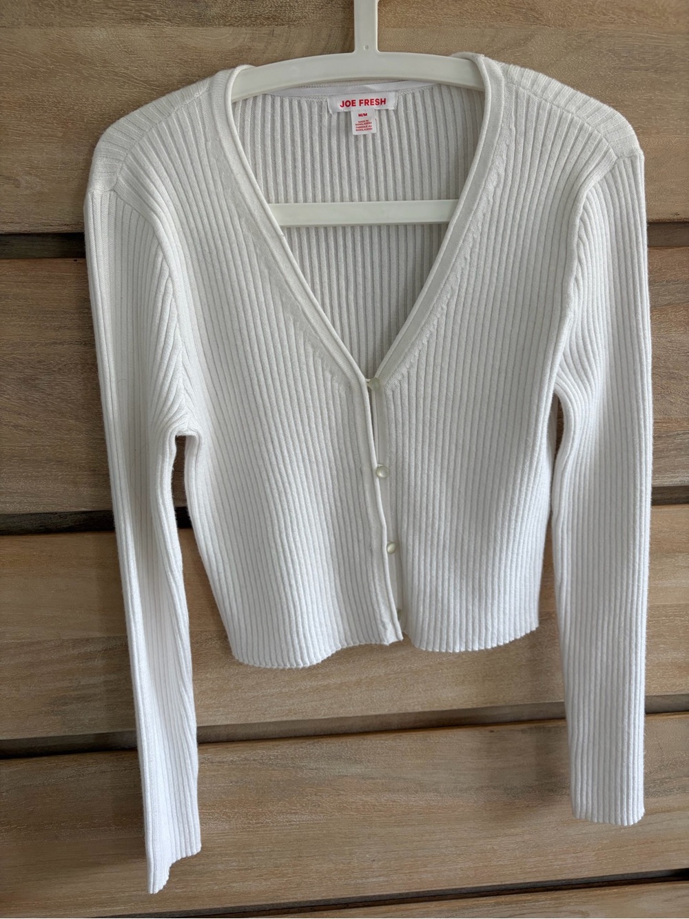 Joe Fresh White Ribbed V-Neck Button-Up Sweater
